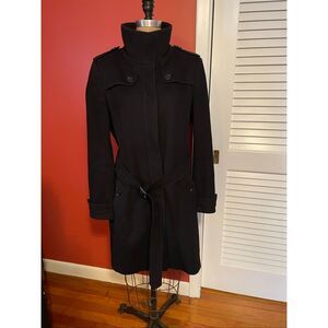 BURBERRY | black wool funnel neck belted peacoat/trench coat size 10